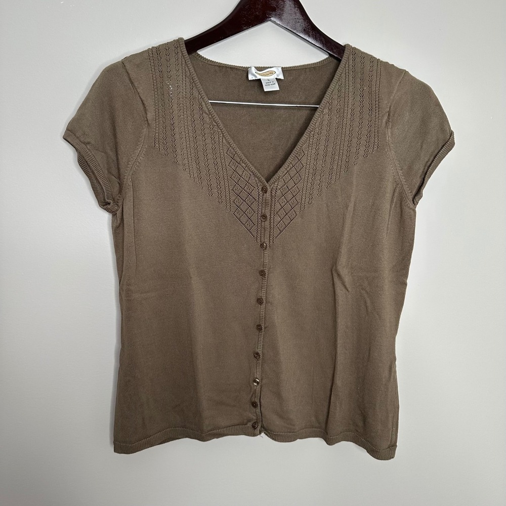 Talbots Button Front Cardigan Women L Brown EUC Pointelle Knit Short Sleeve Top